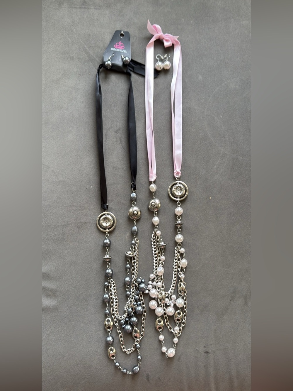 paparazzi Layered Pearl & Chain NecklaceRibbon - Pink Black Silver Set of 2 NEW